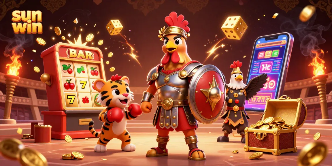 Engage in the thrill of sun win with a festive casino battle scene filled with exciting game elements and characters.