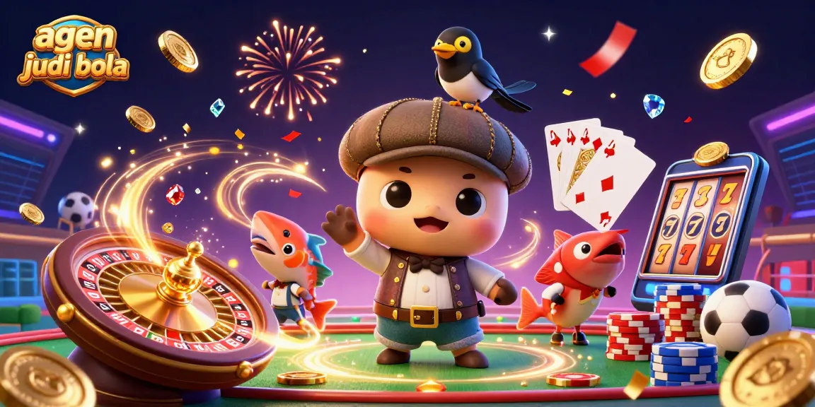 Bet on sports with agen judi bola in a dynamic 3D illustration showcasing vibrant characters and gambling elements.