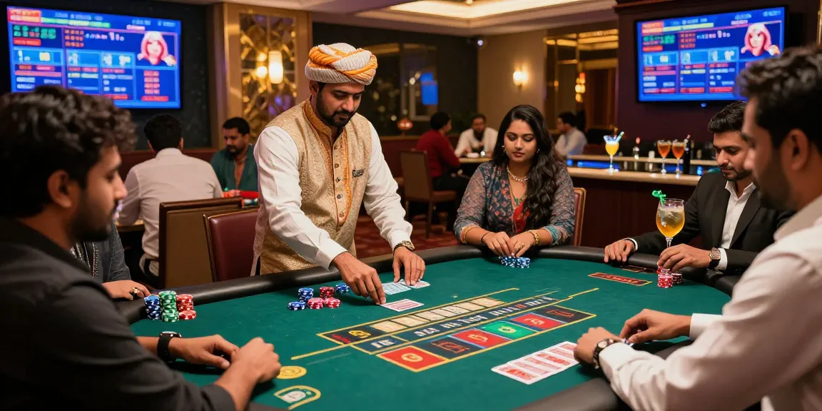 Exciting Andar Bahar casino game scene with dealers and players enjoying real-time action, showcasing vibrant atmosphere and betting dynamics.