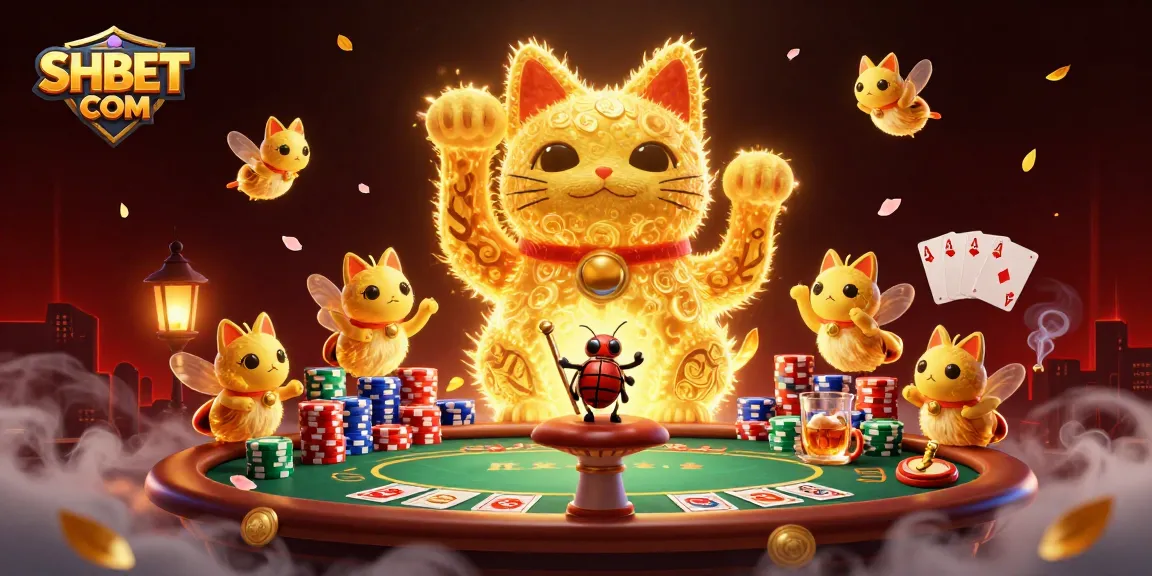 Engage with SHBET COM's vibrant casino world featuring a lucky cat, poker elements, and dynamic gaming atmosphere.