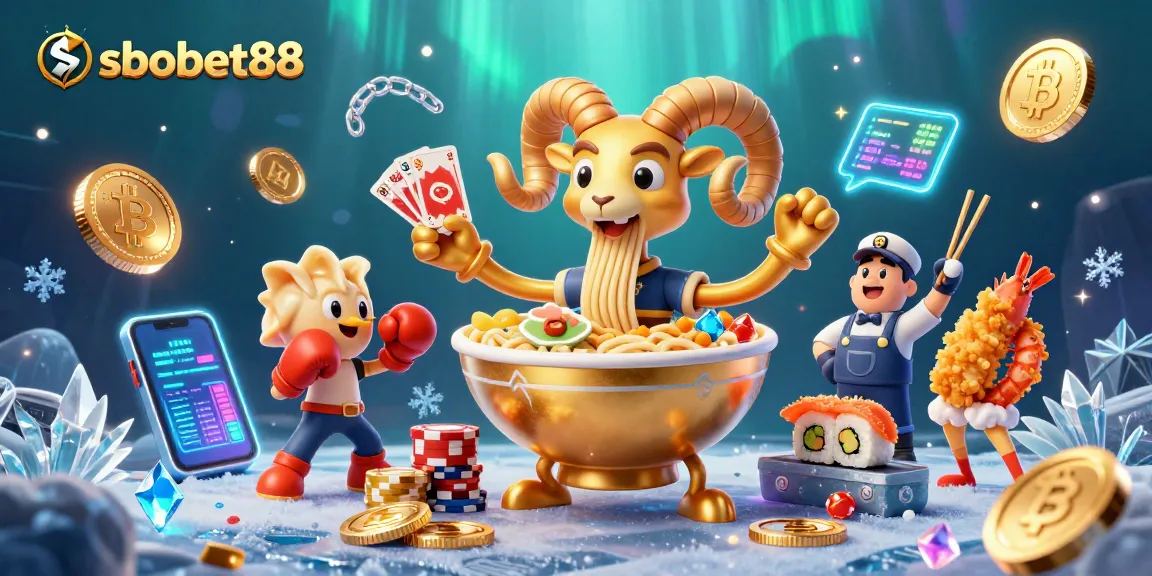 Engage with sbobet88 in an exciting 3D casino scene featuring a giant ramen bowl dealer and crypto elements.