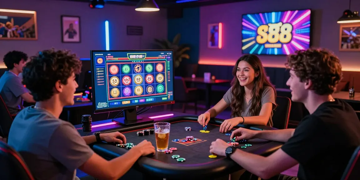 Exciting group enjoying slot88 gaming experience with colorful interface and lively atmosphere.