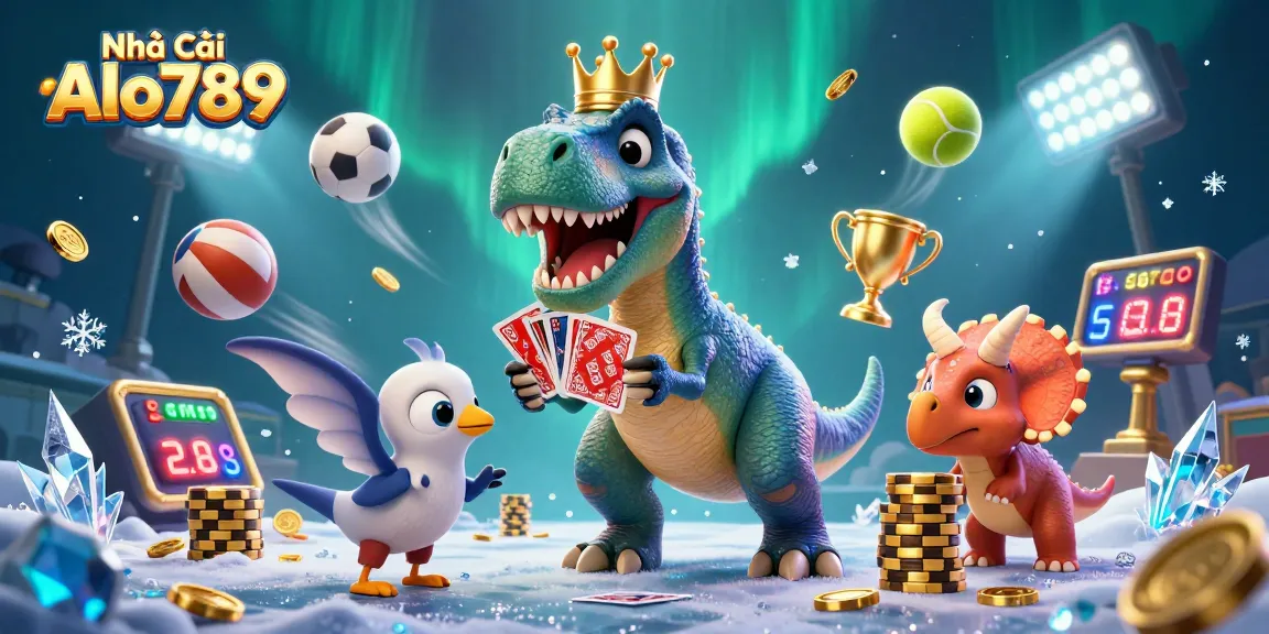 Interactive 3D scene showcasing Nhà Cái Alo789 with playful characters engaging in card games amidst sports elements and coins.