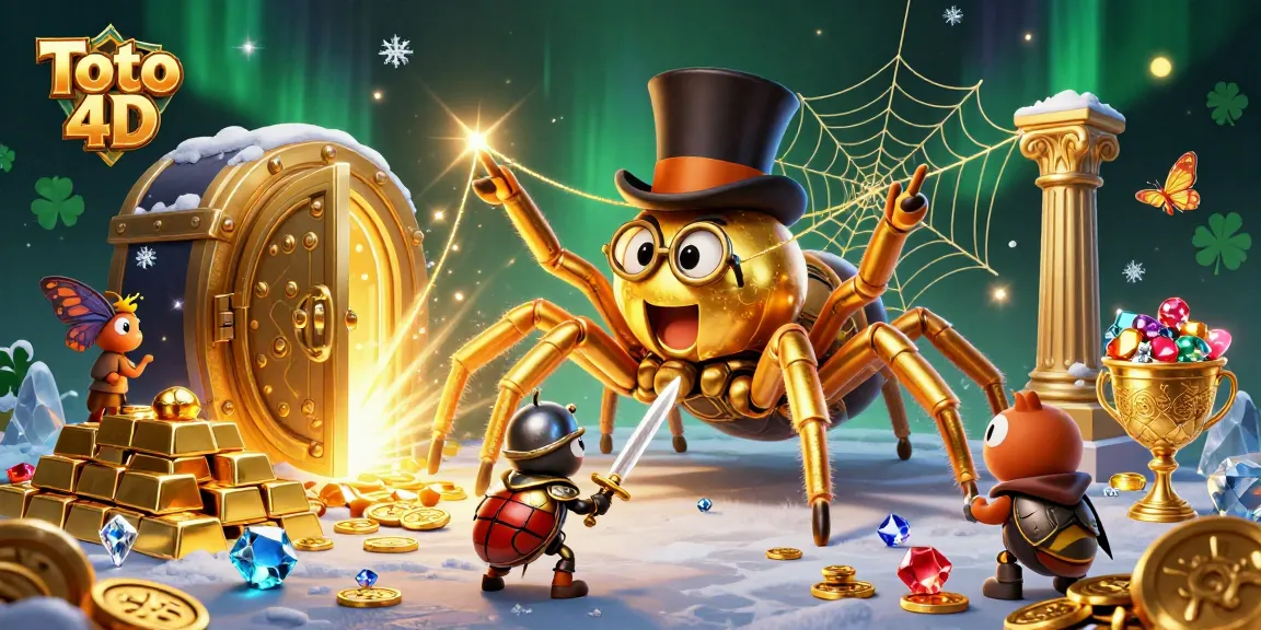 Toto 4D showcases a golden tarantula and beetle knight amid sparkling treasures in an immersive casino scene.