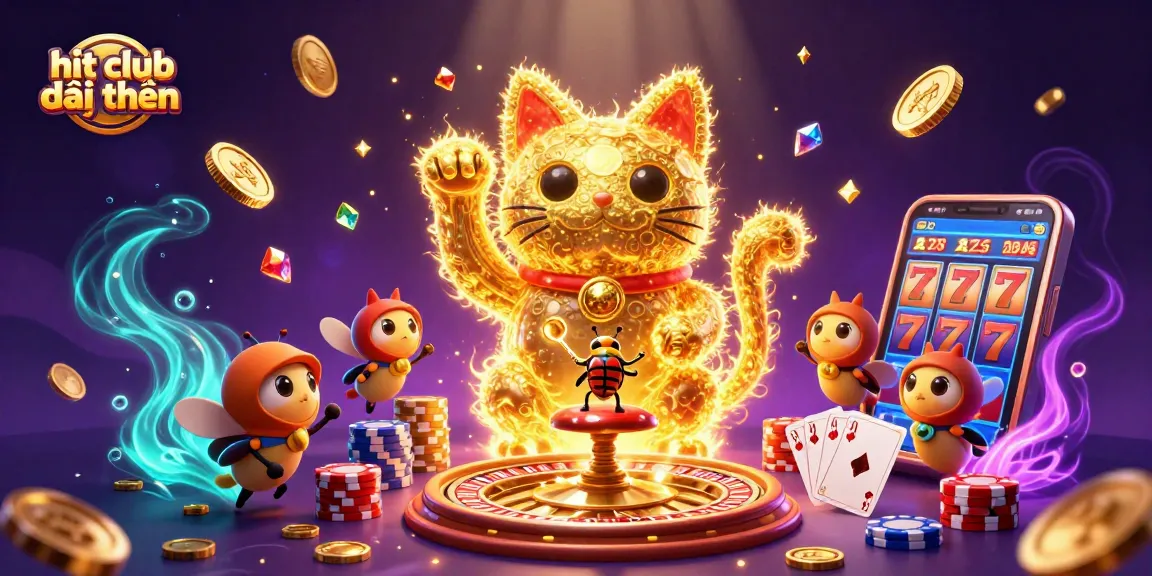 Experience vibrant casino thrills with hit club đổi thưởng as golden fireflies form a lucky cat amidst lively gaming elements.