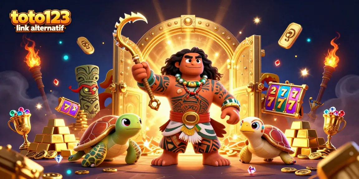 Toto123 link alternatif highlights the thrilling interaction of a demigod hawk and turtle in a vibrant online slots scene.