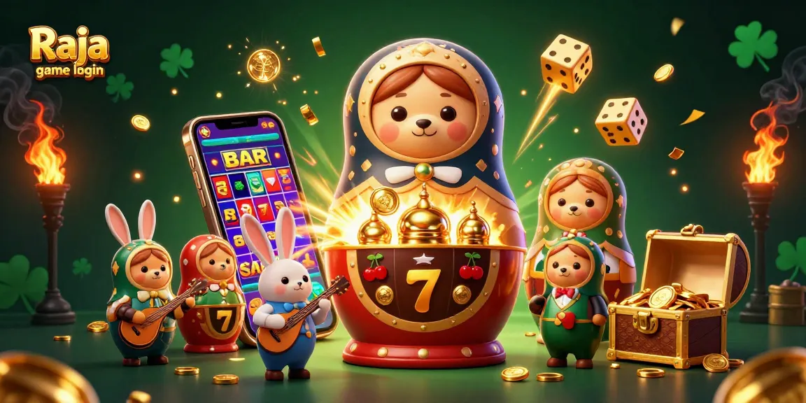 Raja game login scene featuring vibrant casino elements with bears and gold coins.