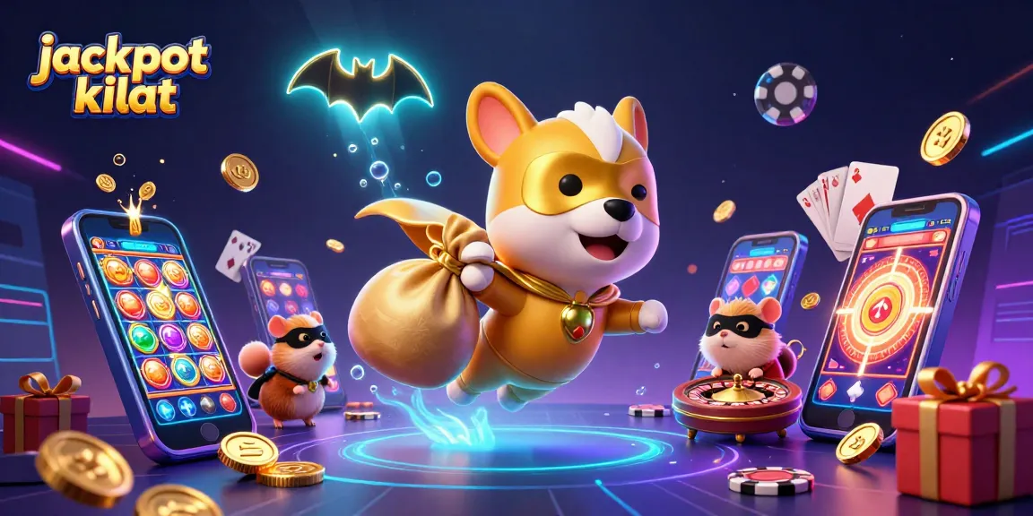 Experience the jackpot kilat excitement with a cartoon superhero dog and hamster amidst dynamic casino elements.
