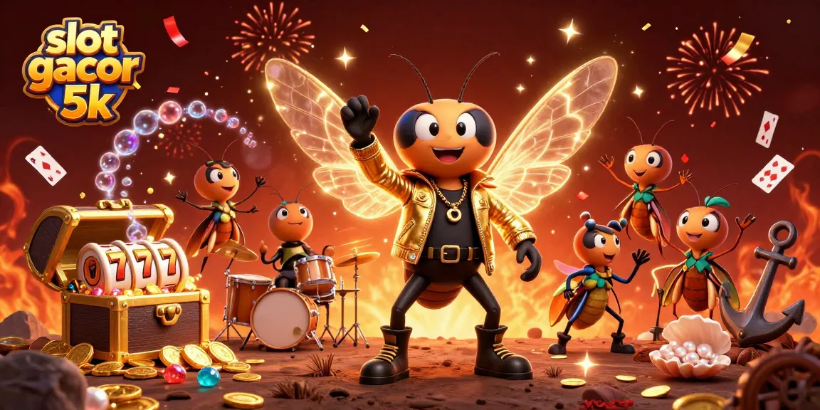 Experience slot gacor 5k action with a unique 3D scene, showcasing a rock star cicada and vibrant casino elements.