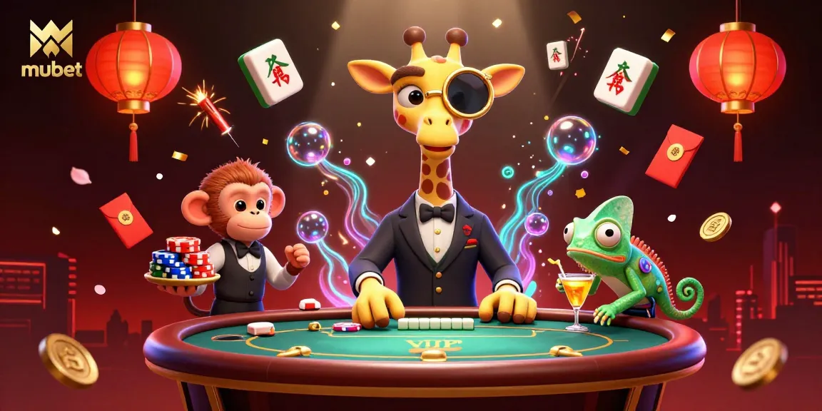 Mubet showcases a vibrant 3D illustration featuring a high-roller giraffe and lively casino elements.