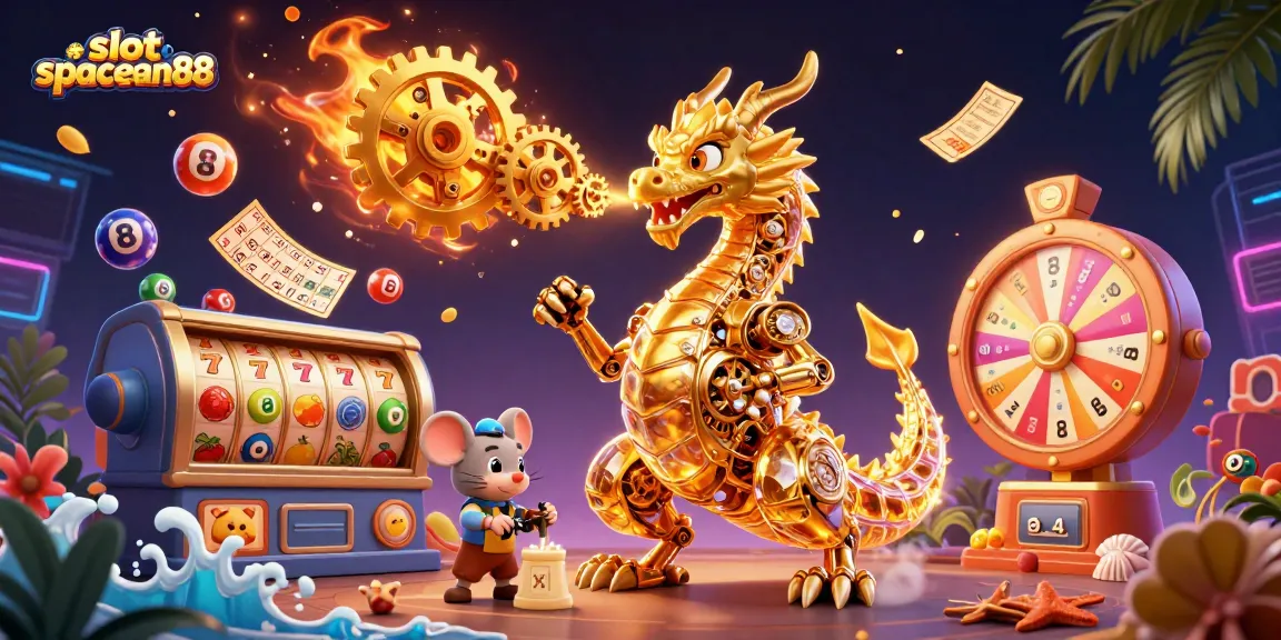 Engage with the slot spaceman88 as the dragon unleashes golden gears in this vibrant casino scene.