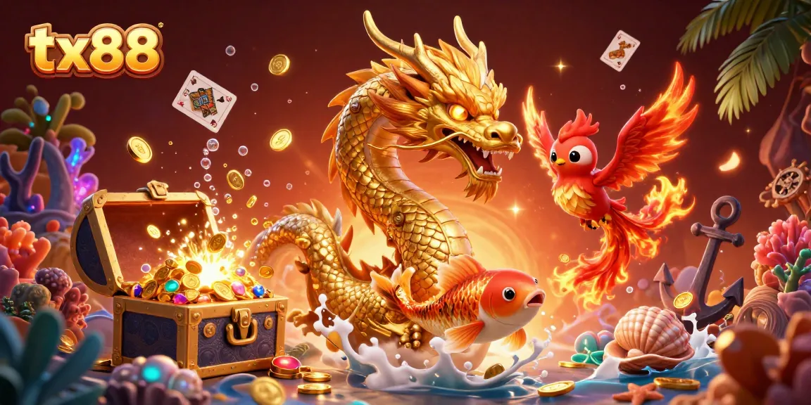 tx88 promotes exciting gameplay featuring a golden dragon, koi fish, and vibrant casino elements.
