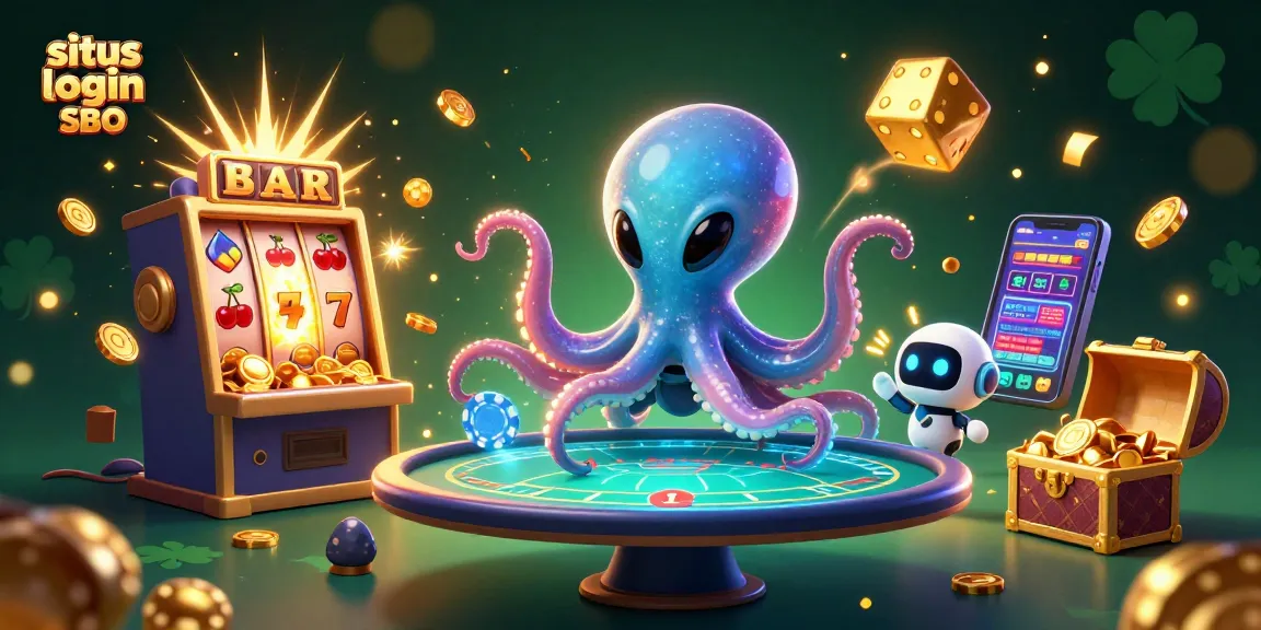Experience situs login SBO's excitement with a dynamic 3D illustration of alien characters at a holographic table, bursting with casino elements.