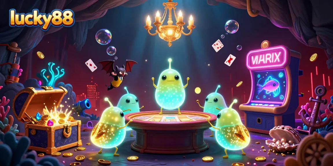 Experience lucky88's vibrant gambling scene with glowworms illuminating a cave casino filled with treasures.