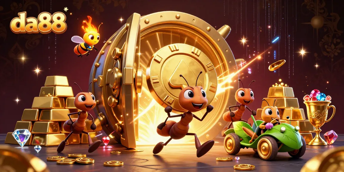 da88 showcases a vibrant 3D illustration of ants executing a heist with a golden poker chip, symbolizing gambling excitement.