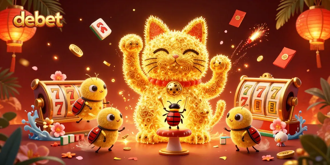 Engage with the debet casino world featuring a dynamic lucky cat scene and vibrant slot symbols.