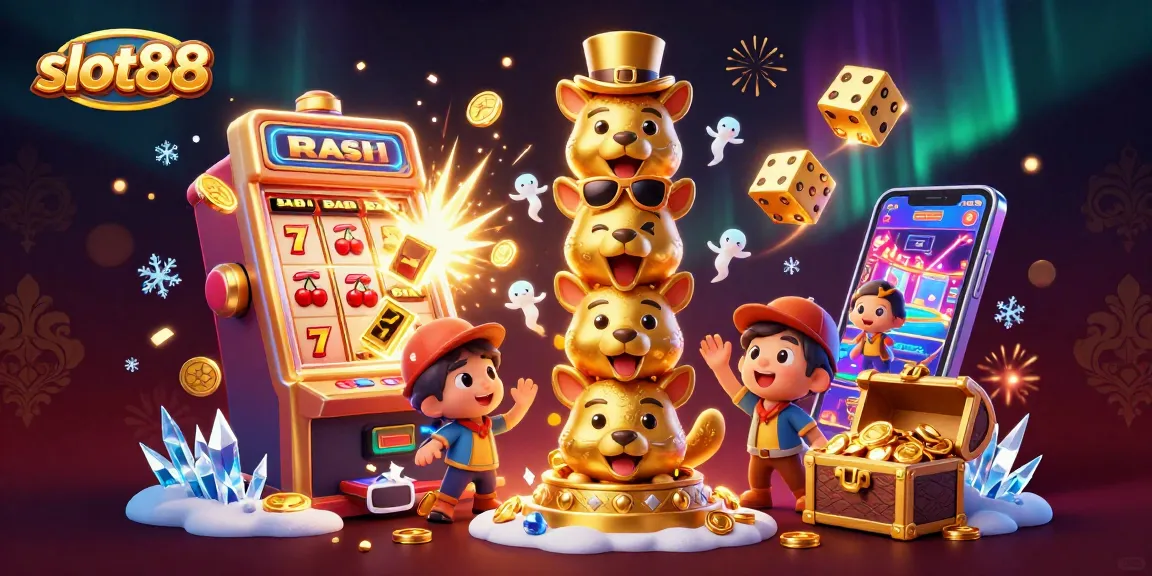 Spin to win with slot88 in this vibrant, animated casino scene bursting with excitement.