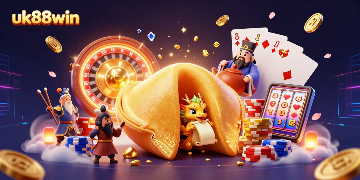uk88win offers a captivating casino scene with dynamic characters, floating coins, and vibrant game elements.