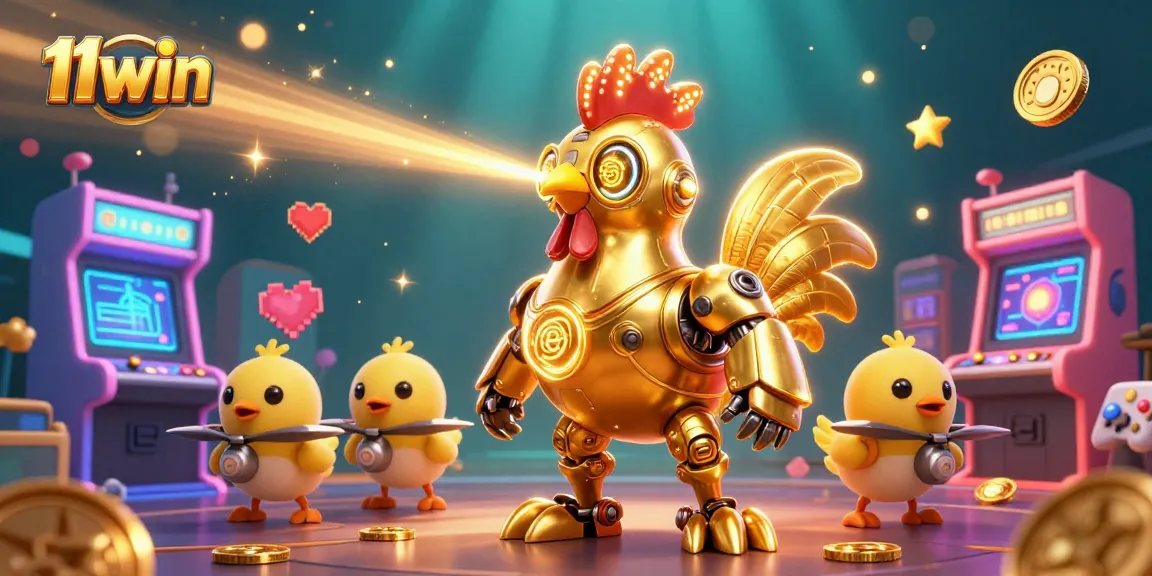 Experience the thrilling 11win universe with high-energy gambling elements and a futuristic golden rooster robot