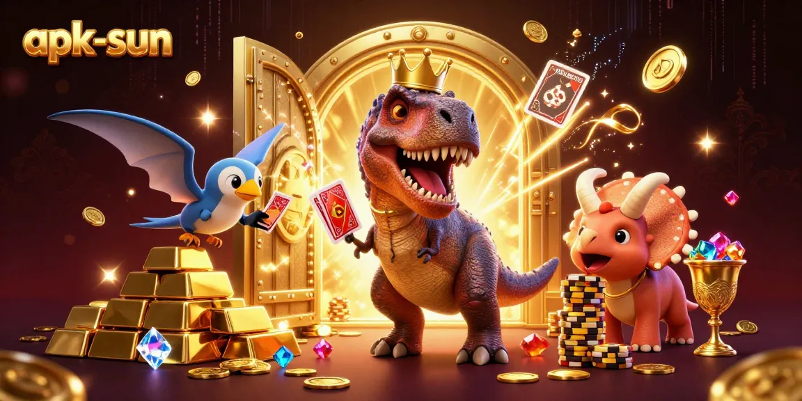 Engage with apk-sun for vibrant casino fun featuring dinosaurs amidst shimmering treasures.